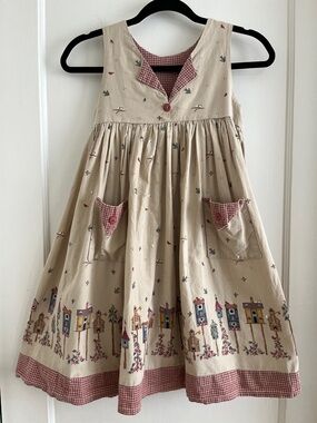 Girls Handmade Cotton Vintage 90s Bird & Birdhouse Country Jumper Dress